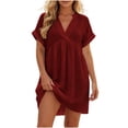 thumbnail image 4 of Horkkom Mini Dresses for Women Short Sleeve Solid Color V Neck Sundresses Summer Vacation Beach Pleated Dresses, S-2XL, 4 of 7