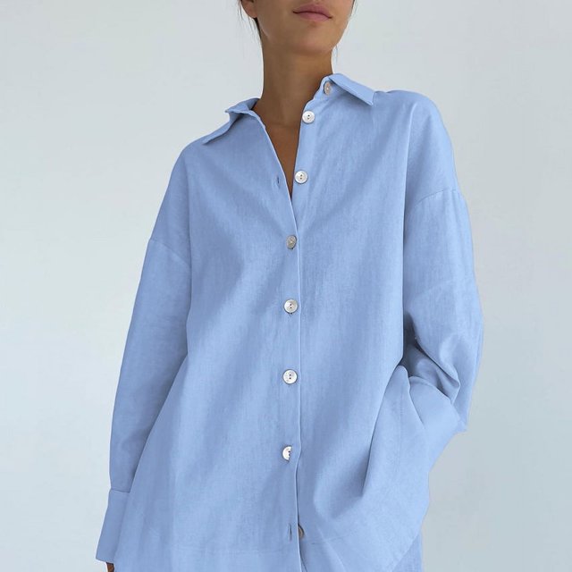 Pijamas de manga larga de verano europeos y americanos de algodón y lino para mujer, ropa de hogar holgada de moda, conjunto de dos piezas