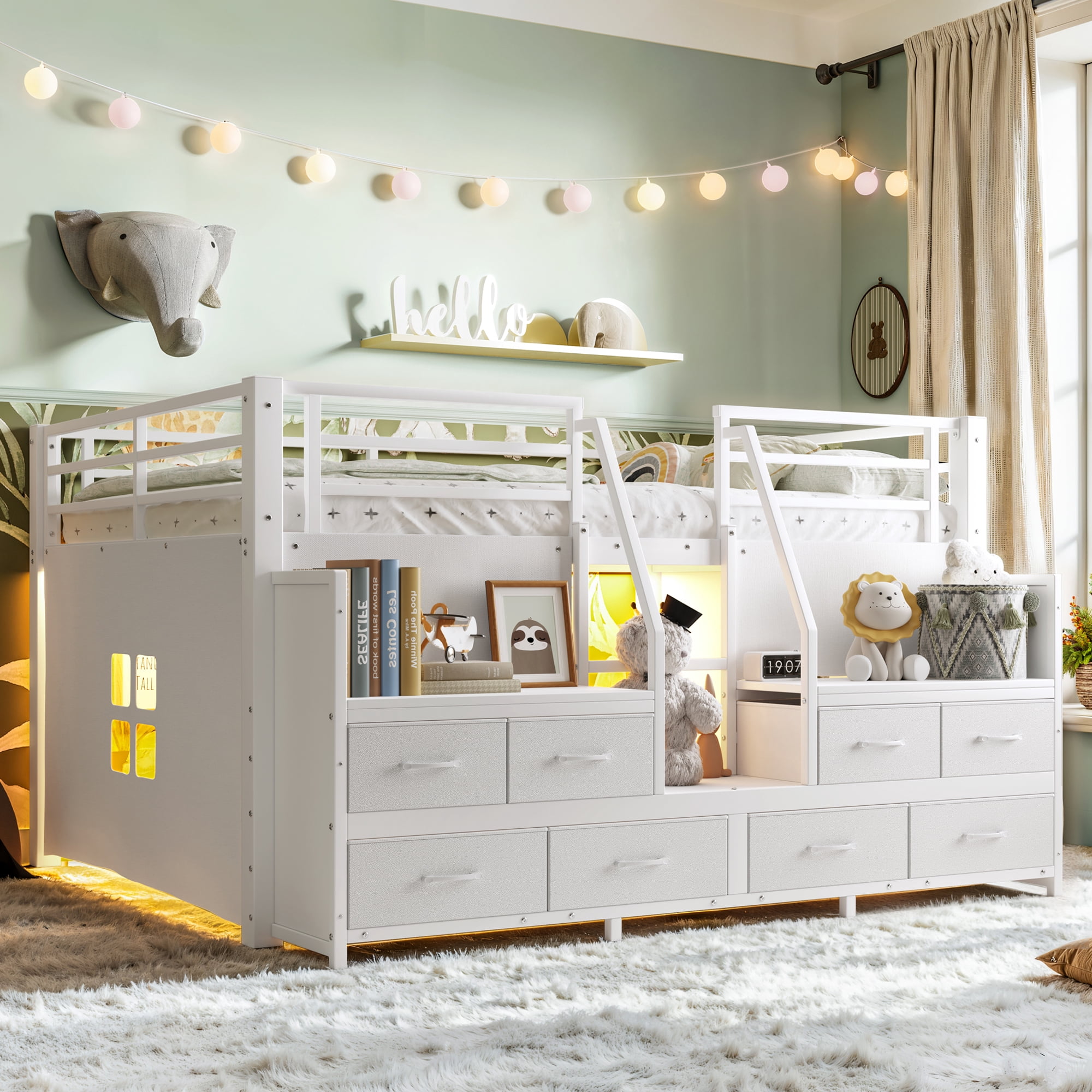 Leumius Full Size Loft Bed with Multi-storage Spaces,Metal Low Loft Bed with Storage Drawers, Shelves,LED Lights and Independent Spaces Under Bed,No Box Spring Needed,Light White