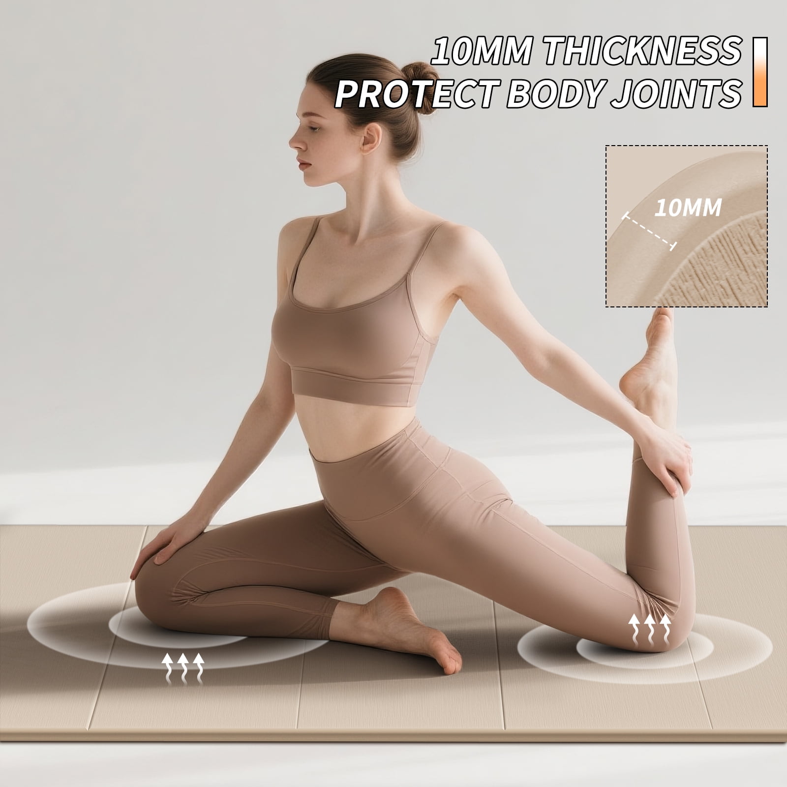 BAIMA Foldable Yoga Mat 10mm Thick , Workout Mats for Home Gym , Pilates,Quick Unfold/Stor,Non-Slip Surface,3.5lbs(Beige)