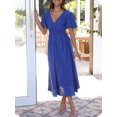 thumbnail image 4 of Faithtur Robe Longue Décontractée d'Été pour Femmes Couleur Unie Froncée Col en V Manches Courtes Mode Plage Vacances, 4 of 8