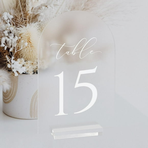 JINMURY Frosted Arch Table Numbers for Wedding, 5x7 Inch Arched Acrylic Table Numbers 1-15 with Stands, Frosted Acrylic Arch Sign with Holder for Centerpiece, Recept