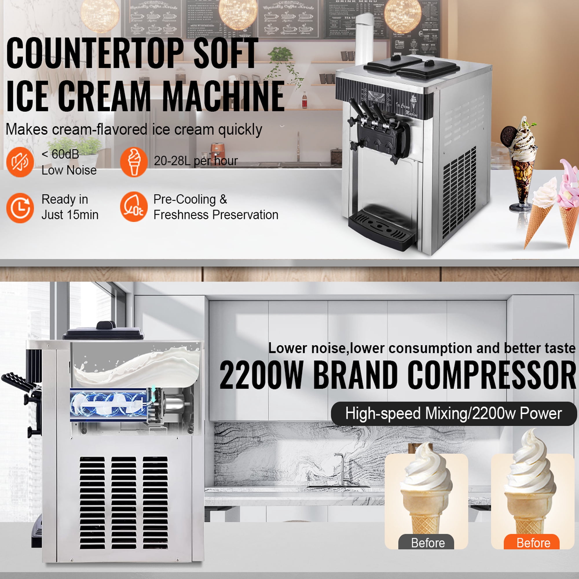 SHENGJINSH Ice Cream Maker, 3 Flavors 5.3-7.4 Gal/H, 2200W Commercial Ice Cream Machine with LED Display Auto Clean