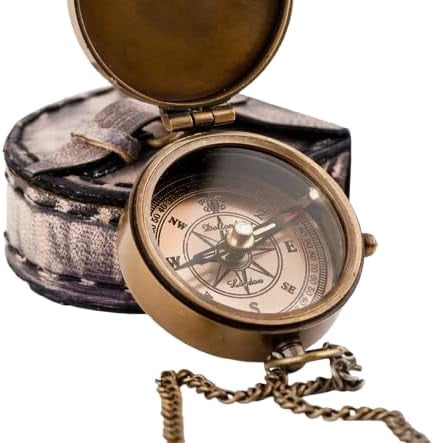 Maritime treasures Vintage Brass Compass with Leather Case – Antique Pocket Navigation Compass, Outdoor Hiking Camping Survival Gear, Nautical Gift for Men & Travelers