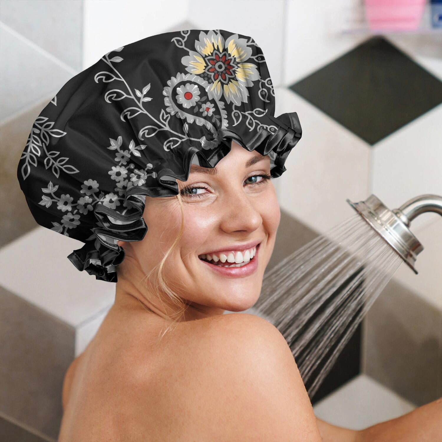 Shower Caps,Pioneer Flower Floral Print Pattern Waterproof Shower Cap for Women 4 Pieces,Double Reusable Hair Cover for Shower PEVA Elastic Stretch Hem