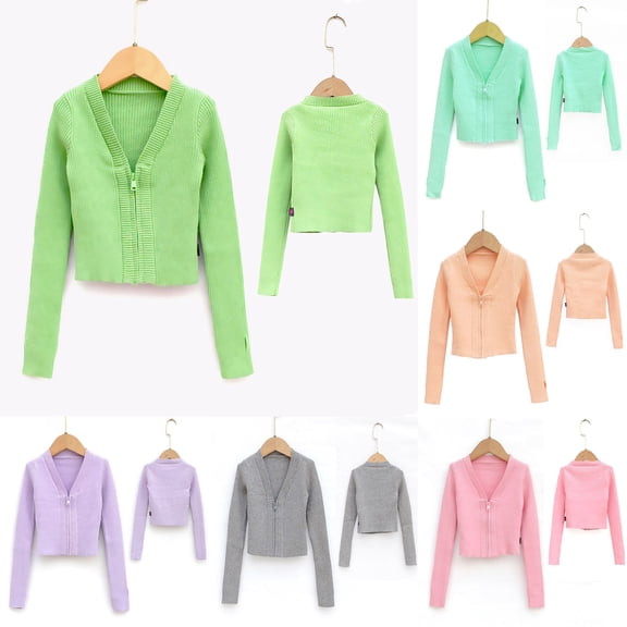 Zpanxa Girls V Neck Zip Up Rib Knit Crop Cardigan Sweater Long Sleeve Slim Fit Casual Cropped Outerwear Sweaters for Girls