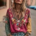 thumbnail image 2 of MEICHEN Women's Casual Retro V Neck Top Flower Embroidered Long Sleeve Top Summer T Shirts for Women, 2 of 6