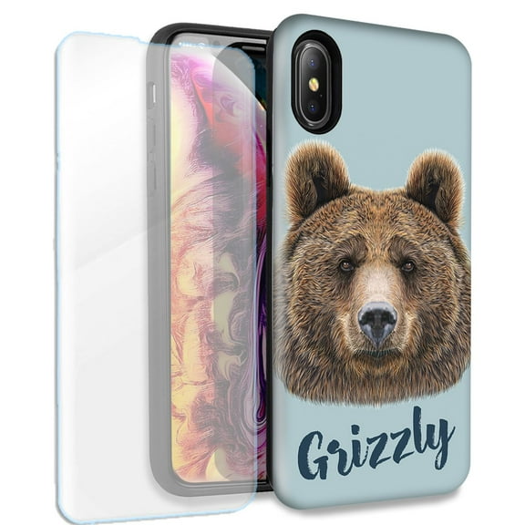 Mundaze Grizzly Bear Double Layer Case w/Glass Screen Protector For Apple iPhone X/XS