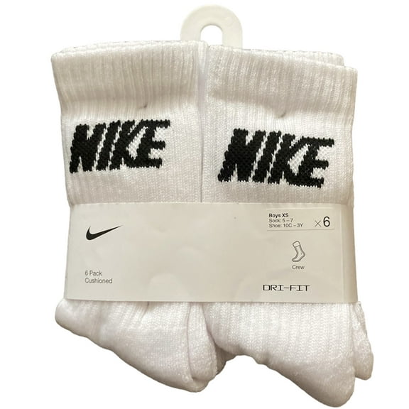 Nike Kids 6-Pack Everyday Cushioned Crew Socks White/Black 'NIKE' Logo Sz XS (10C-3Y)