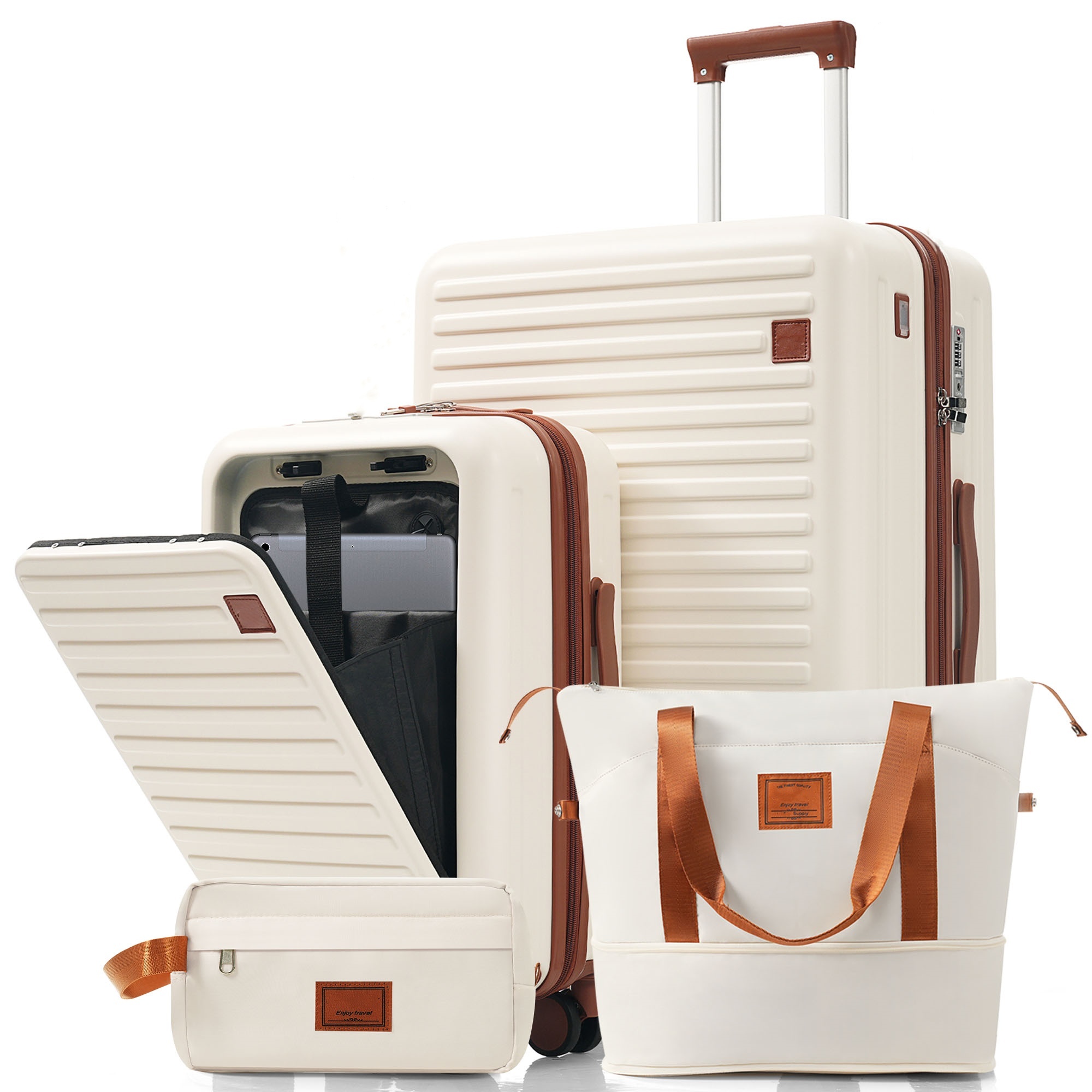 Euroco 4 Piece Luggage Sets,20" Carry-On Luggage with Front-Opening & Cup Holder,20/28inch Suitcase Set with USB Port,TSA Lock, Spinner Wheels,Travel Duffel Bag & Dry Toiletry Bag,Ivory
