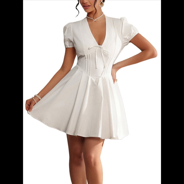 Vestido de Mujer /Verano 2025, Minivestido Elegante Entallado con Lazo y Mangas Abullonadas y Escote en V. L