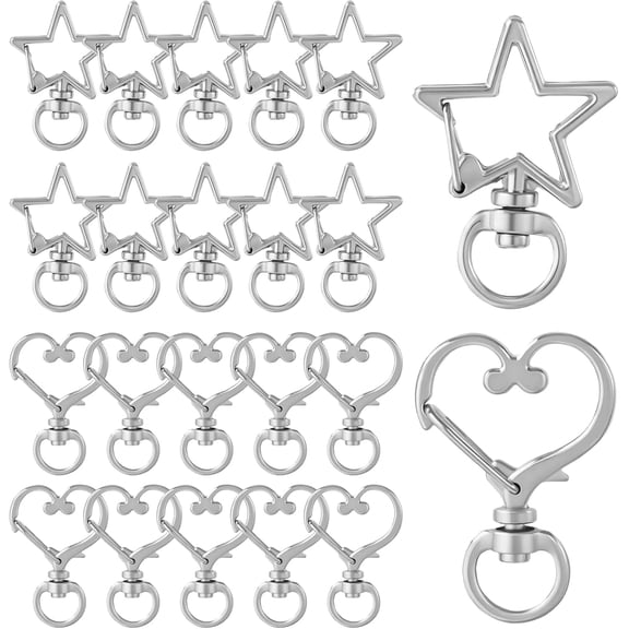 20Pcs Star & Heart Keychain Clasp with Chain Hanging Buckle and Open Jump Ring, Silver Swivel Lobster Clasp, Metal Swivel Clasp Snap Hook Key Ring for DIY Keychain Jewelry Making