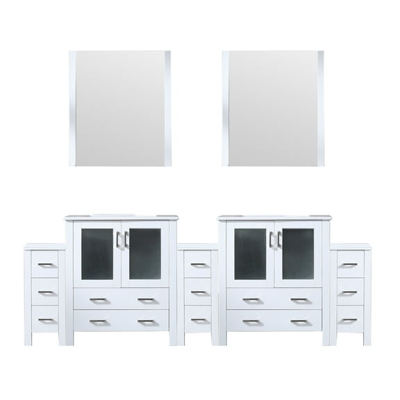 Harborfront 96 in W x 18.25 in D White Double Bath Vanity with Side Cabinets, White Ceramic Tops and 28 in Mirrors