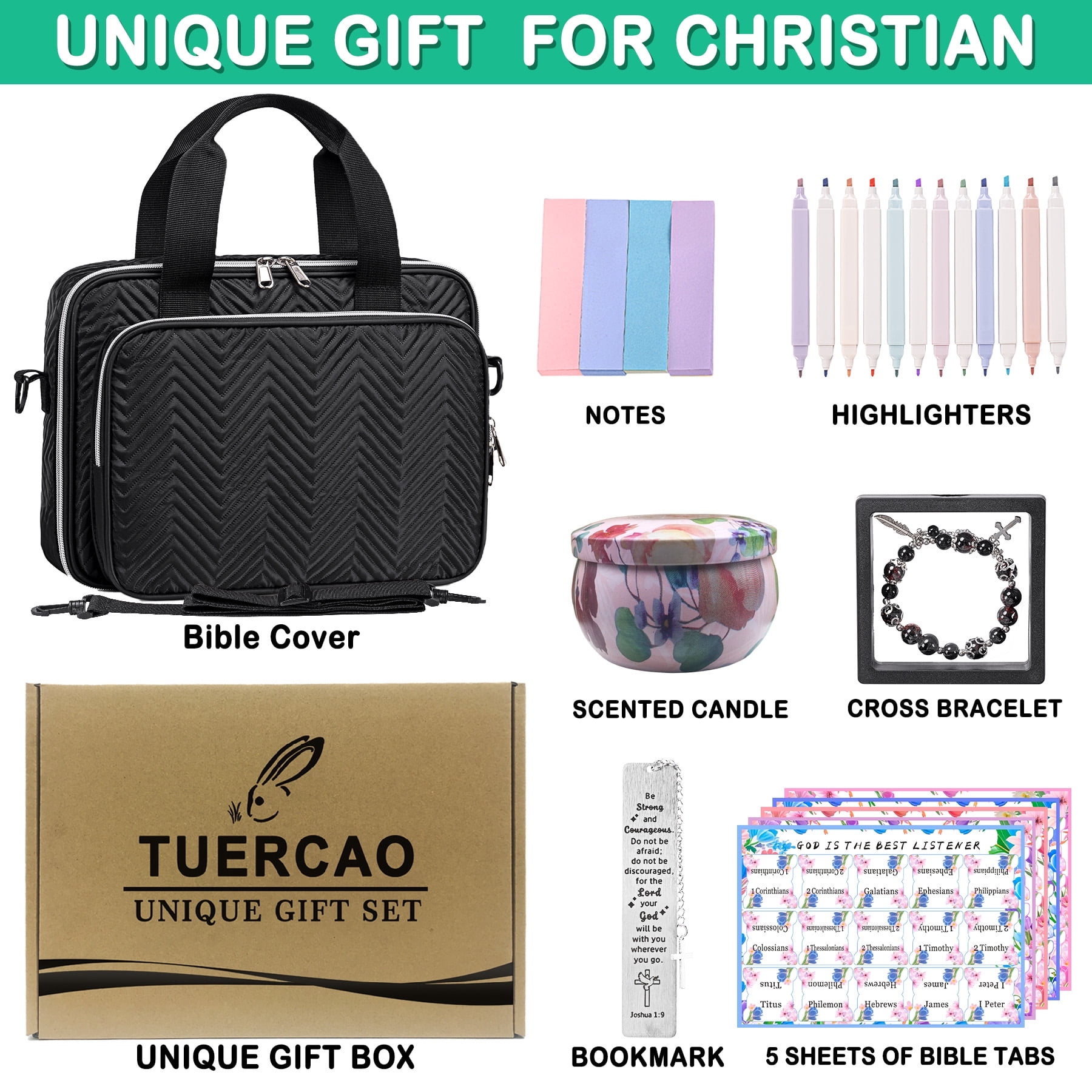 Bible Study Supplies Kit with Black Bible Cover Case for Women & Men - Journaling Set Includes No Bleed Highlighters, 75 Bible Tabs, Bookmark Notes Christian Catholic Spiritual Gifts for Mom Friends