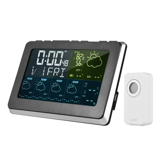 yeacher Smart WiFi Weather Station with Color LCD Display, Indoor/Outdoor Temperature & Humidity Monitor, 5-Day Forecast, 3 Alarms, USB Charging, 3-Channel Support, Black/Silver, US Plug (Batteries