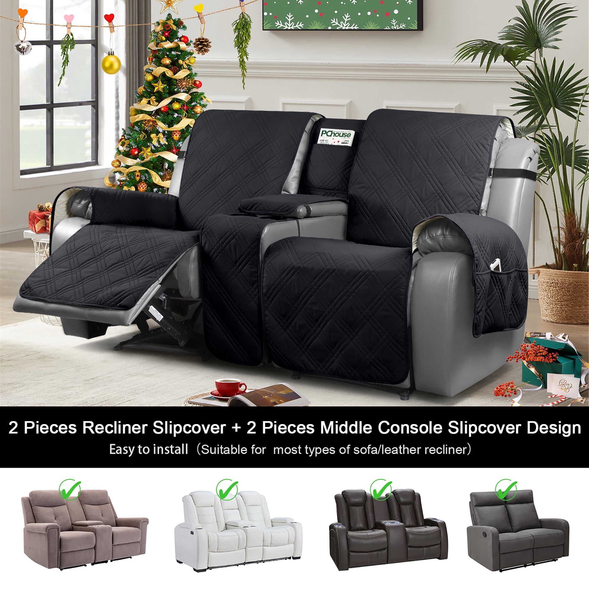 TAOCOCO Waterproof Loveseat Recliner Cover with Console, Non-Slip Pet Slipcover for Dual Loveseat Recliner Split Reclining Loveseat Cover,Black