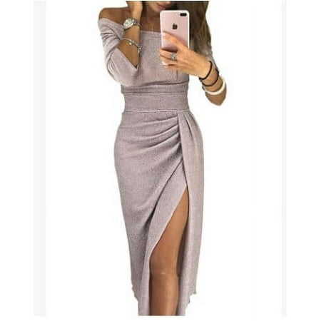 

2022eBay ladies hip slit one-line collar dress sparkling dress dinner dress is not transparent