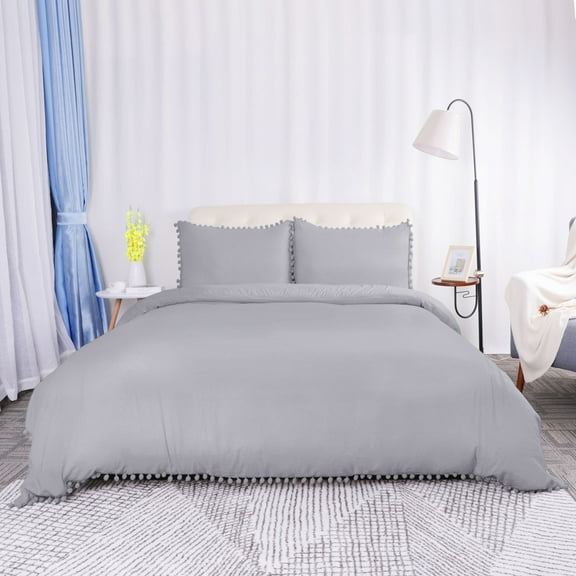 Unique Bargains Polyester Washed Pompon Bedding Duvet Cover Set King Gray