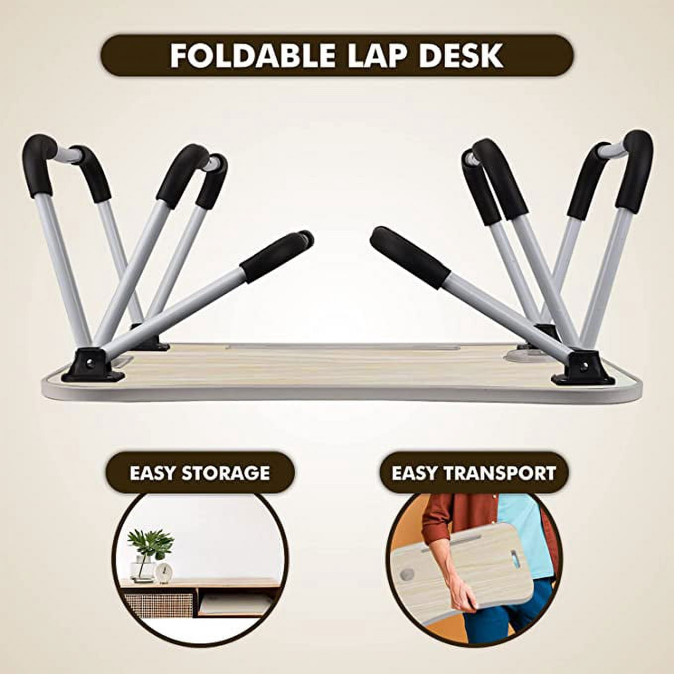 Folding Lap Desk for Bed and Sofa - Portable Wide Surface Bed Desk with Built-in Cup Holder and Tablet or Phone Slot for Working, Studying, Eating, and Watching Movies (Beige)