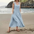 thumbnail image 3 of CHOK Robe en Coton et Lin Uni 2024 pour Femmes, Col en U, Décontractée, Sans Manches, Style Camisole, avec Poches, Bleu, P, 3 of 7