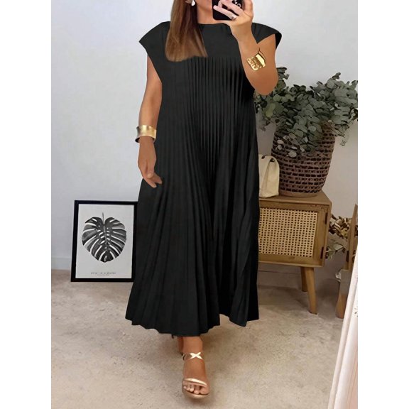 Black Plus Size Pleated Maxi Dress With Cap Sleeves, Casual Elegant Summer Style