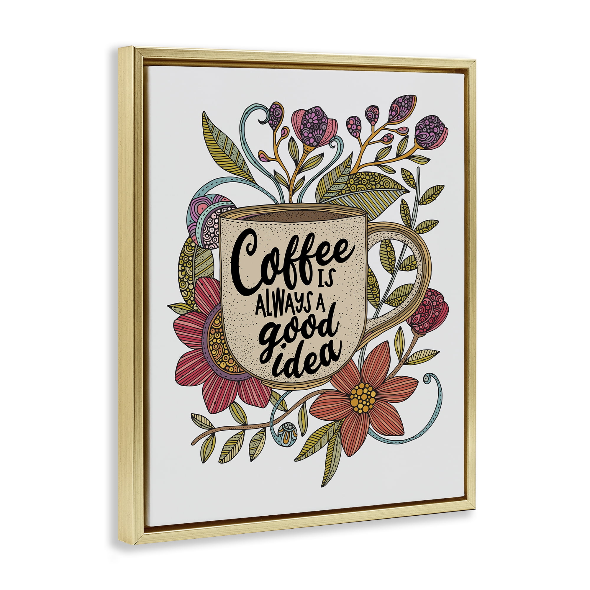 Stupell Industries Floral Coffee Good Idea Food & Beverage Painting Gold Floater Framed Art Print Wall Art, 17 x 21