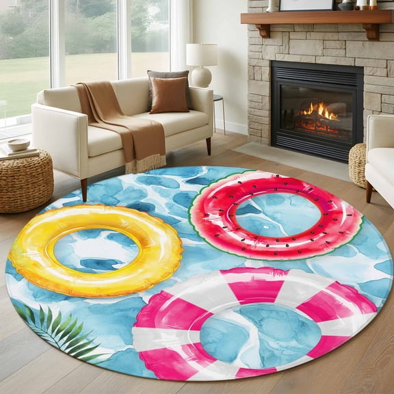 Round Rugs 5Ft, Summer Blue Pool Round Area Rug Washable Indoor Throw Carpet, Ocean Beach Swimming Ring Vintage Soft Non Slip Circle Rug for Cabinet Bathroom Home Decor Aesthetic