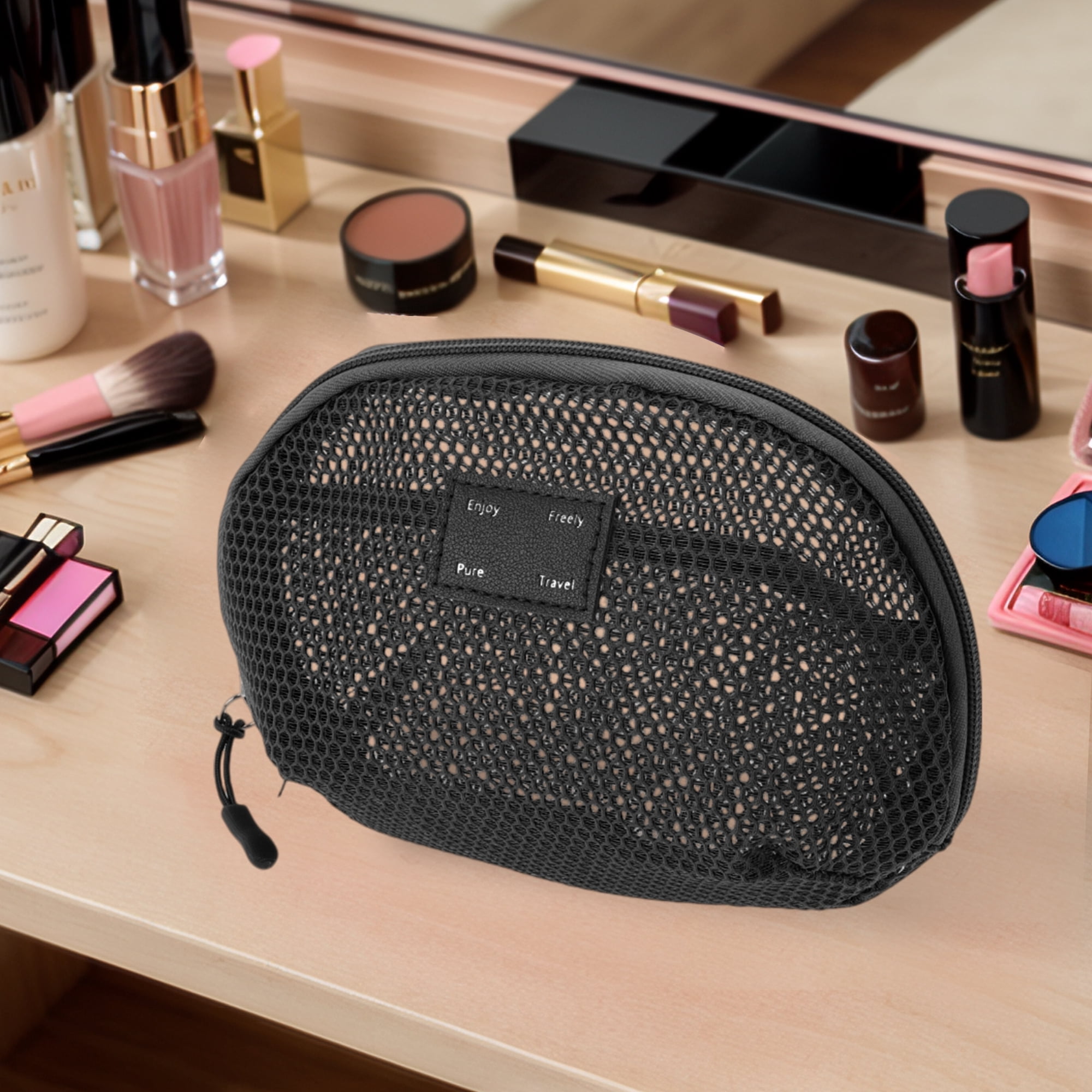 Unique Bargains 1 Pc Mesh Hand-held Sundries Makeup Bag Black 8.27in