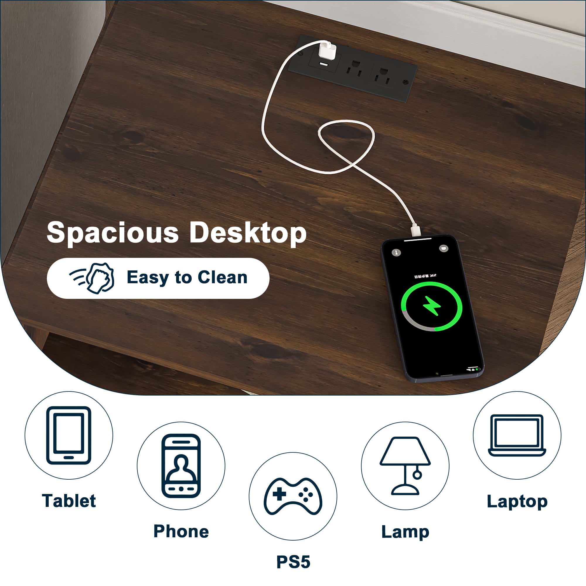 Demi Bonn 18" Side Table with Fast Charging Station USB C Cable Fast Charging, End Table Nightstand with Drawer and Shelf for Bedroom, Living Room, Brown