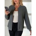 thumbnail image 2 of Women Knit Zip Up Bomber Jacket Long Sleeve Baseball Collar Textured Casual Knit Cardigan Outerwear for Fall Winter, 2 of 3