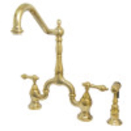 Kingston Brass KS7752ALBS English Country Center Deck Mount Bridge Kitchen Faucet with Side Sprayer Polished Brass