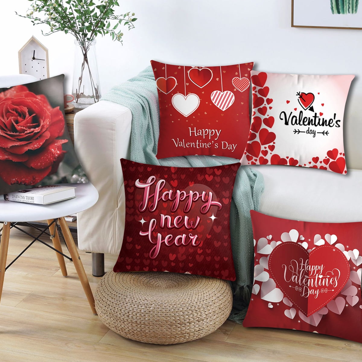 Valentines Day Pillow Covers 18x18 inch Set of 4 for Home Decor Truck Flower Red Heart and Love Bicycle Decor Valentines Day Throw Pillows Decorative