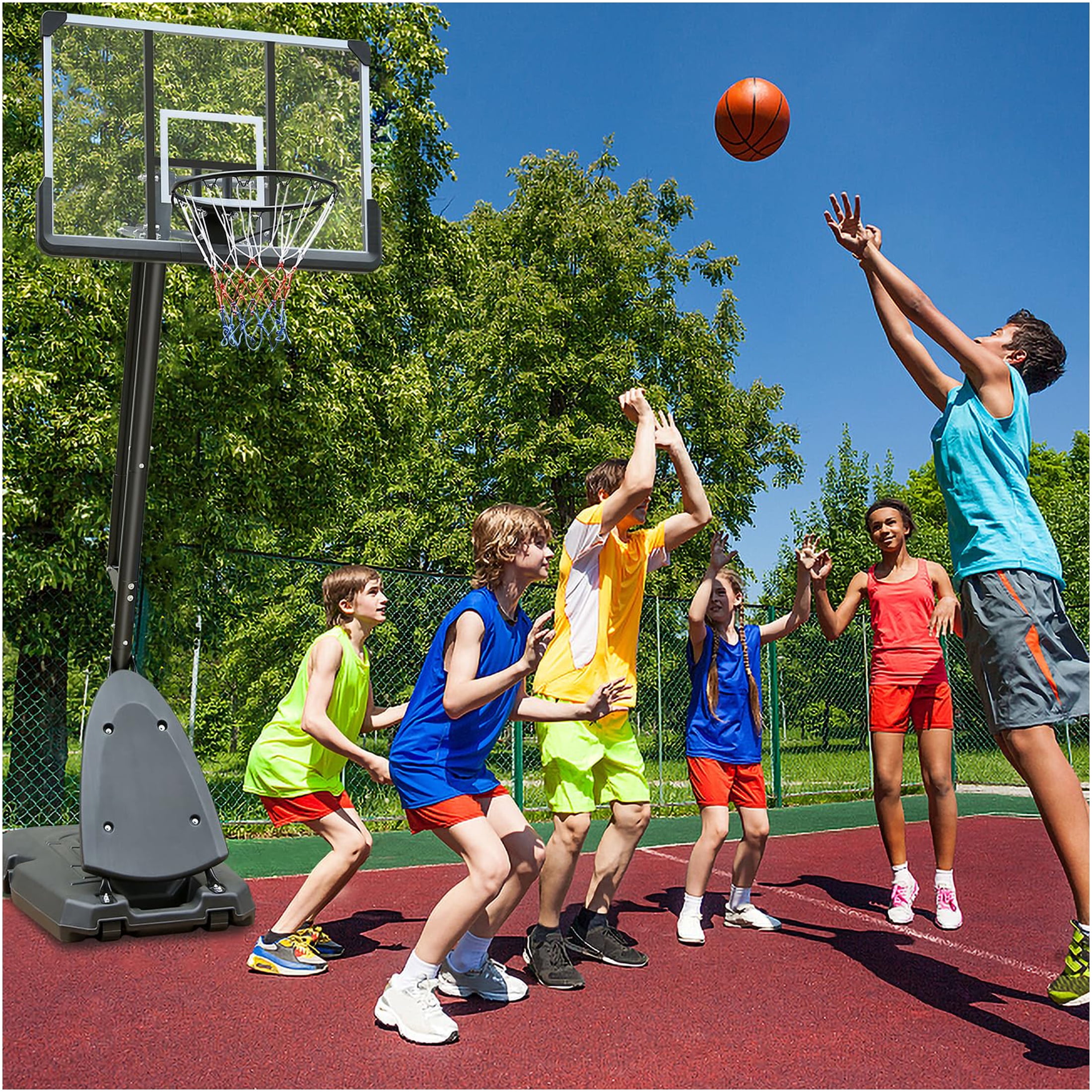 JERFIT 44" Portable & Adjustable Basketball Hoop System with Wheels, 7.5-10ft Height Adjustable Goal Post for Outdoor & Indoor Use, Durable Polycarbonate Backboard, Black+Gray