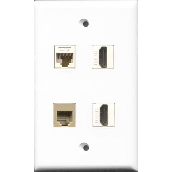 RiteAV - 2 Port HDMI and 1 Port Phone RJ11 RJ12 Beige and 1 Port Cat6 Ethernet White Wall Plate