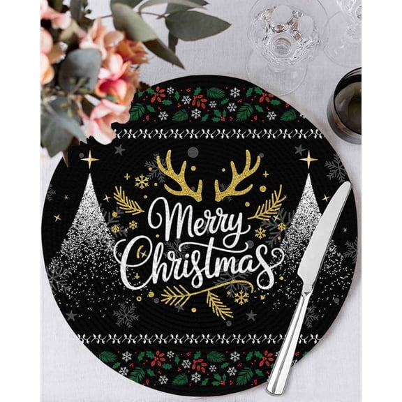 15 Inch Round Placemats Set of 4, Christmas Elk Non Slip Heat Insulation PP Table Mats, Winter Snowflake Xmas Tree Leaf Black Washable Place Mats for Kitchen Dining Party Table Decor