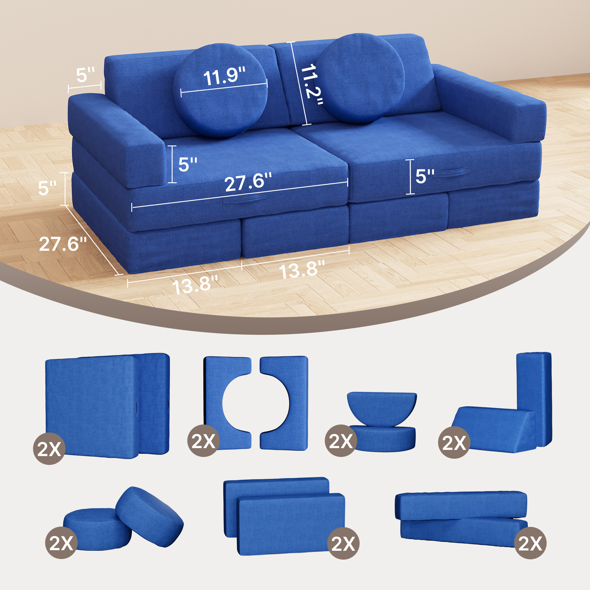 Noelse 14-Piece Kids Modular Play Couch, Blue photo 4