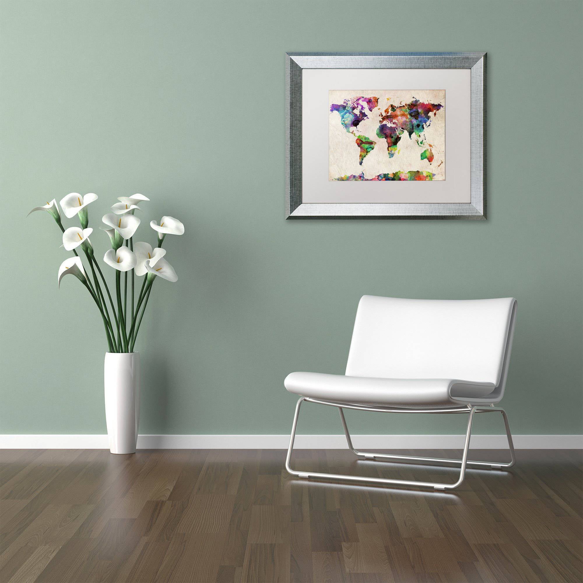 Trademark Fine Art "Urban Watercolor World Map" Canvas Art by Michael Tompsett White Matte, Silver Frame