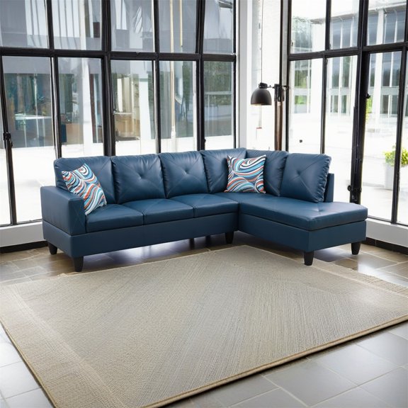 Hommoo Living Room Furniture Set, Faux Leather Modern Sectional Sofa, L Shaped 4-Seat Couch Sofa Set for Home, Apartment, Dorm, 16'' Back Height, Denim(No Ottomans)