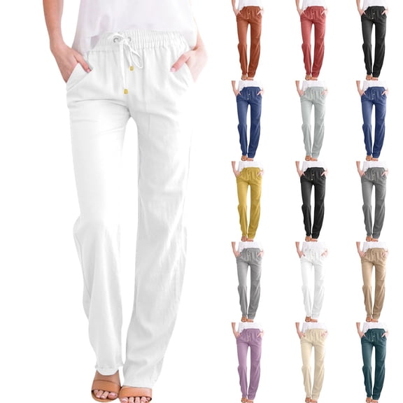 DENGDENG Women's Everyday Linen Lounge Pants – High Waist Relaxed Fit Summer Drawstring Beach Trousers, White XL