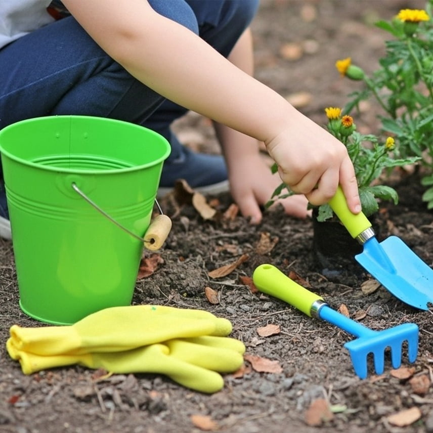 G & F Products JustForKids Kids Garden Tool Set, 2-Pack with Pails, Metal Tools with Wooden Handles, Shovel, Rake & Cultivator, Green & Blue