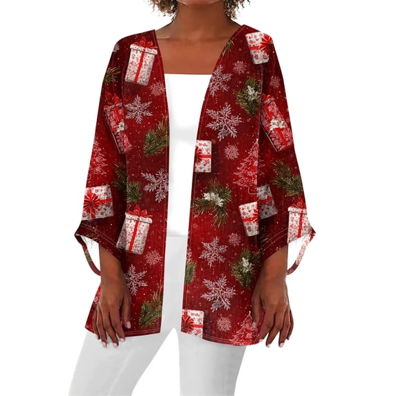 Women's Casual and Fashionable Christmas Printed Lightweight Mid-Length Jacket Cardigan, for Spring and Fall Wear,Red,L