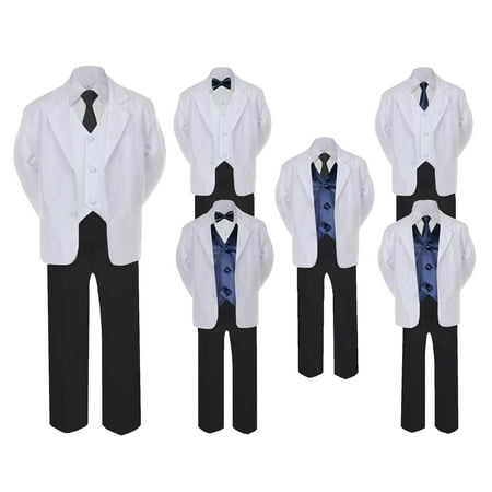 

5-7pc Formal Black White Suit Set Navy Bow Long Tie Vest Boy Baby Sm-20 Teen