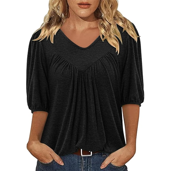 yunLCZ Basic T Shirts Womens Puff Half Sleeve Summer Tunic Tops Casual Chest Pleated Shirts Work Blouse For Women