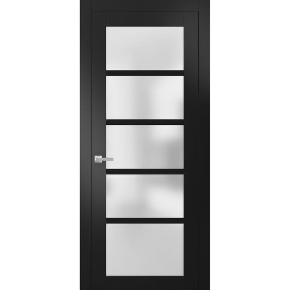 Solid French Pre-Hung Door Frosted Glass | Quadro 4002 Black Matte | Single Regular Panel Frame Trims Handle | Bathroom Bedroom Sturdy Doors -18" x 84"