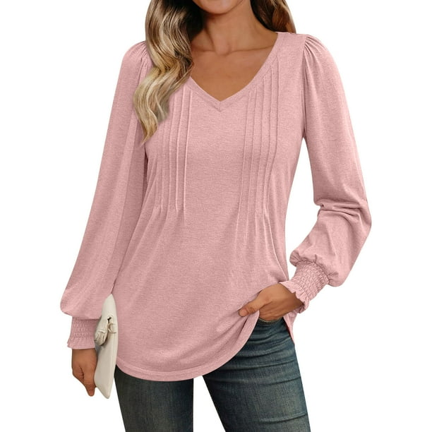 Ropa para mujer,Blusa plisada con cuello en V para mujer, informal, de manga larga, mezcla de poliéster y elastano, corte holgado para uso diario, sopatenor