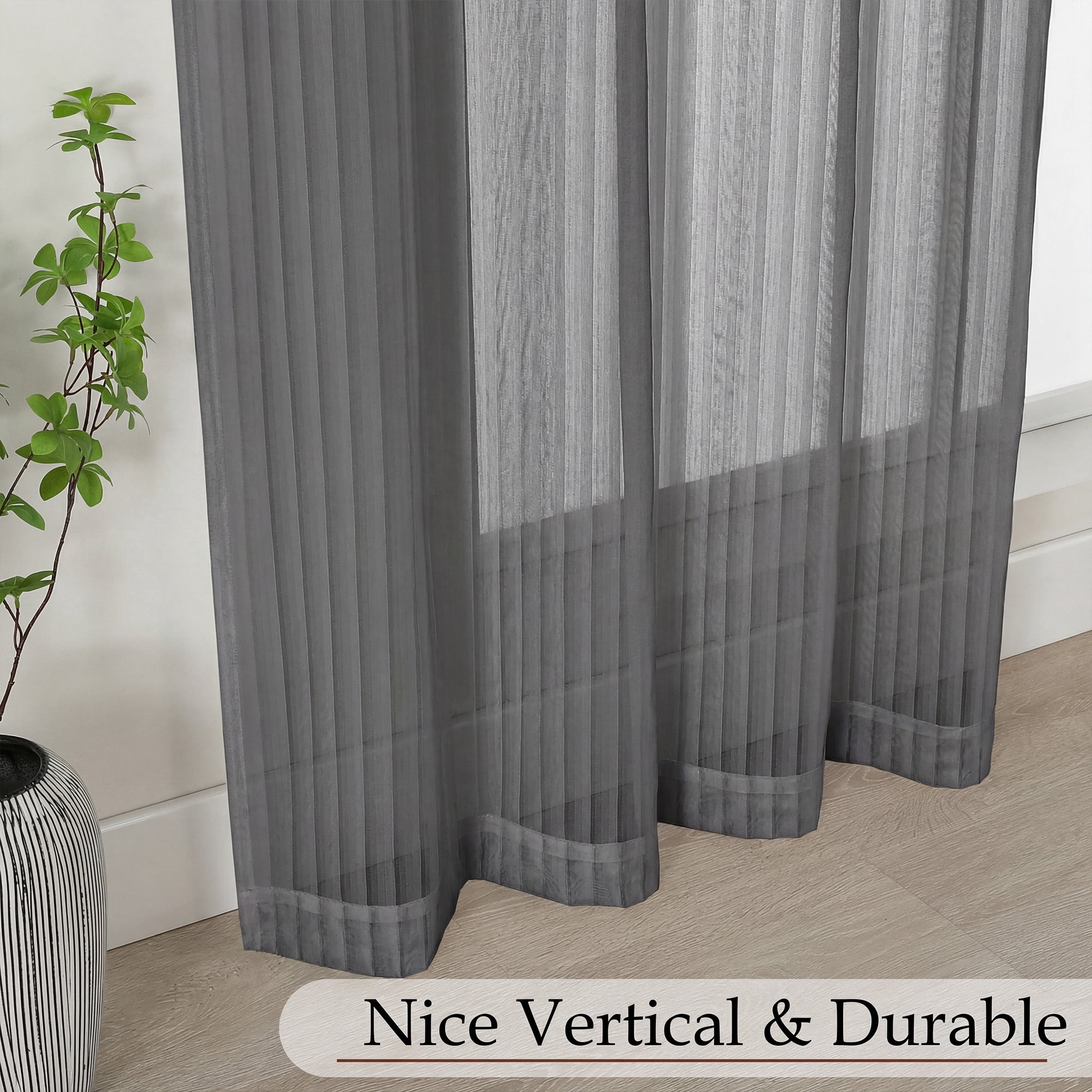OVZME Luna 108" Charcoal Striped Sheer Curtains 2 Panels - Extra Long Floor Length Drapes for High Ceilings Living Room Patio Doors, Light Filtering Modern Textured, 52"W x 108"L Each