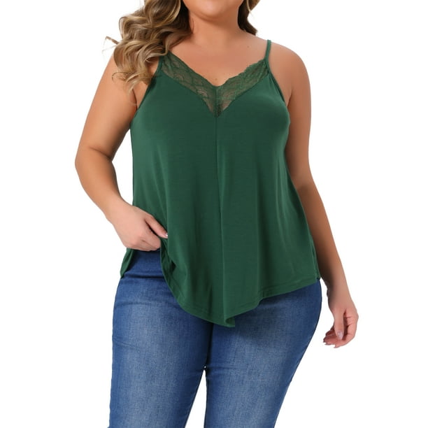 Camiseta sin mangas de encaje en V para mujeres de tallas grandes, tirantes finos, 2X, verde