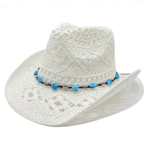 Yuanlong Womens Cowboy Hats Beaded Detail Woven Straw Hollowed Sun Hat Spring Summer Outdoor Lightweight Cozy Beach Hats