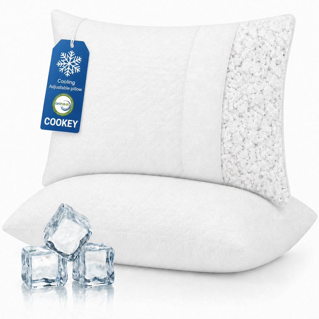 COOKEY Cooling Pillows Queen Size Set of 2, Shredded Memory Foam Pillows with Zipper, Adjustable Firmness Queen Pillow for Hot Sleepers, Side Back Stomach Sleepers, 20"x30"