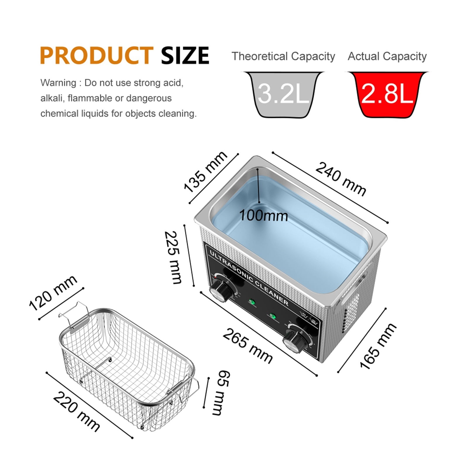 Ultrasonic Cleaner Bath 3.2L Plus 180W 40kHz With 3 Transducers Mechanical Knob Control Heater Timer